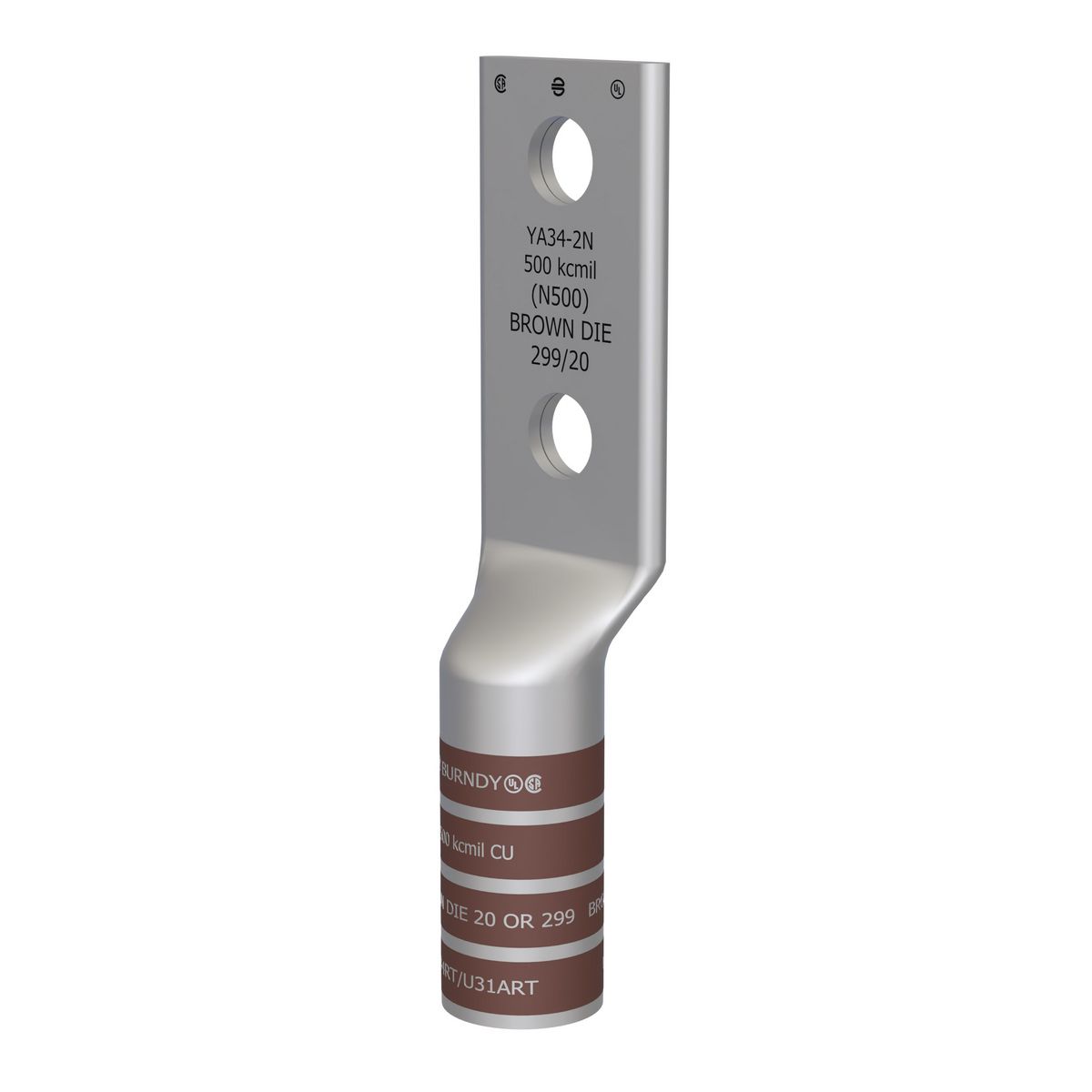 Burndy, Compression Lug, 4/0 Awg, 2 Hole, 1/2 Inch Stud, 1 3/4