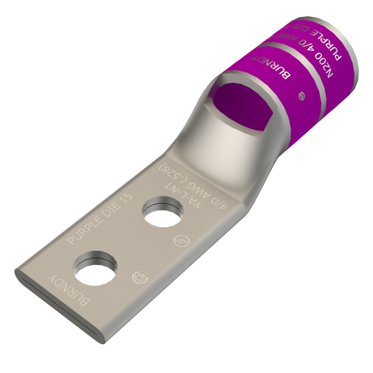 Product image for Burndy YA28L2NT14 4/0 AWG CU, Two Hole, 1/4 Stud Size, 5/8 Hole Spacing, Standard Barrel, Inspection Window, Narrow Tongue Internal Chamfer, Tin Plated, UL/CSA, 90.C, Up to 35kV, Purple Color Code, 15 Die Index