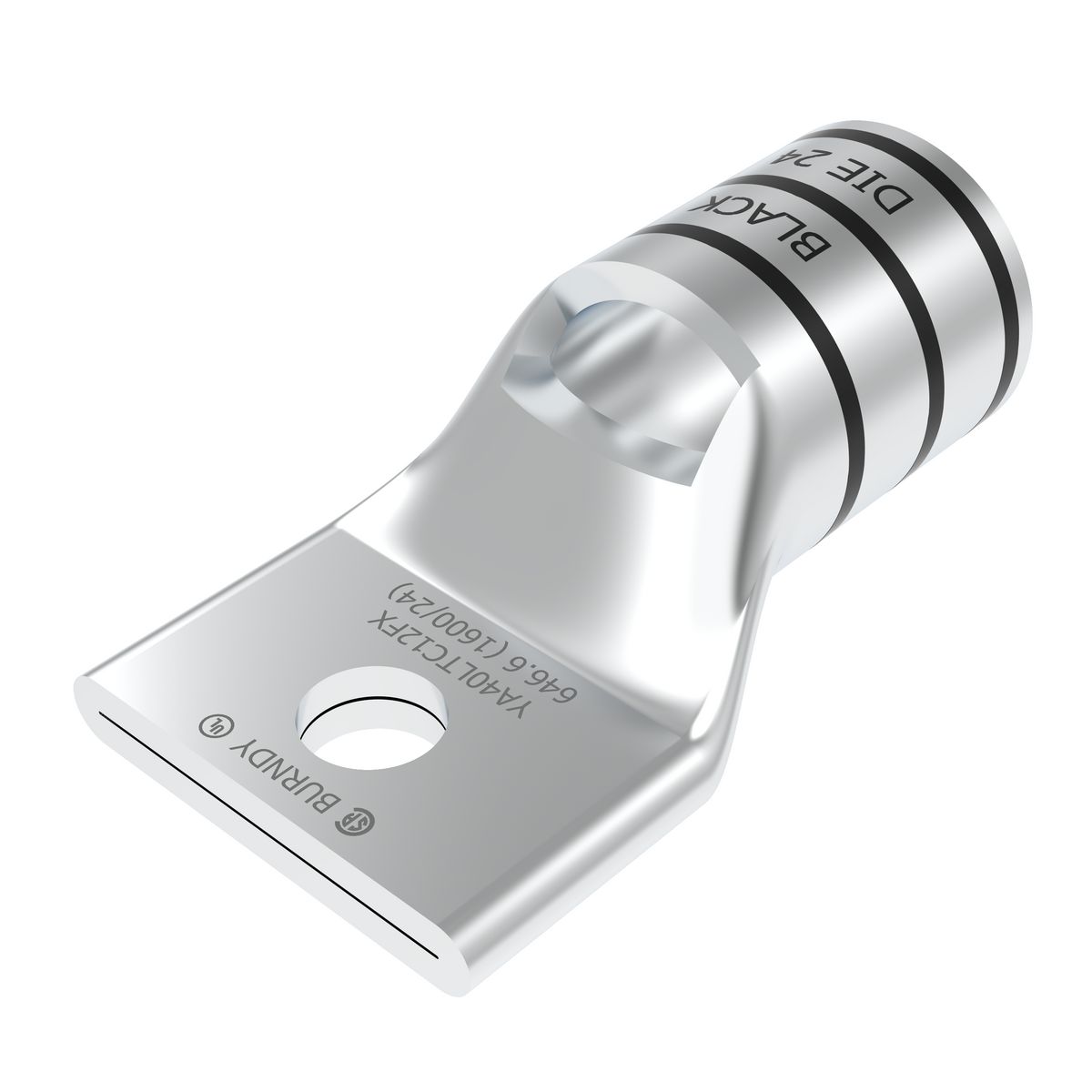 650 kcmil G, 646 DLO CU, One Hole, 1/2 Stud Size, Standard Barrel, Inspection Window Internal Chamfer, Tin Plated, UL/CSA, 90C, Up to 35kV, Black Color Code, 24 Die Index.