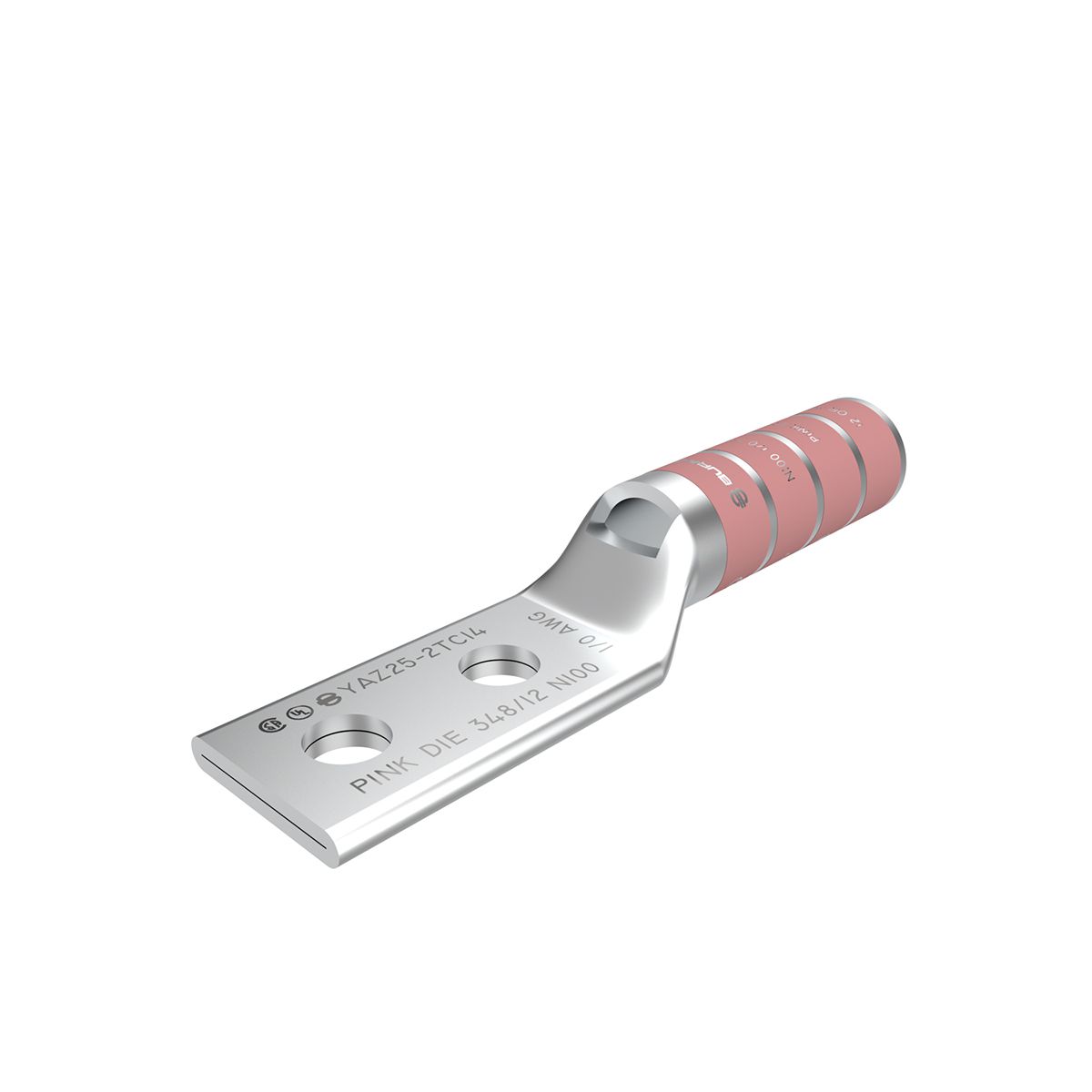 1/0 AWG CU, Two Hole, 1/2 Stud Size, 1-3/4 Hole Spacing, Long Barrel, Inspection Window Internal Chamfer, Tin Plated, UL/CSA, 90C, Up to 35kV, Pinnk Color Code, 12 or 348 Die Index.