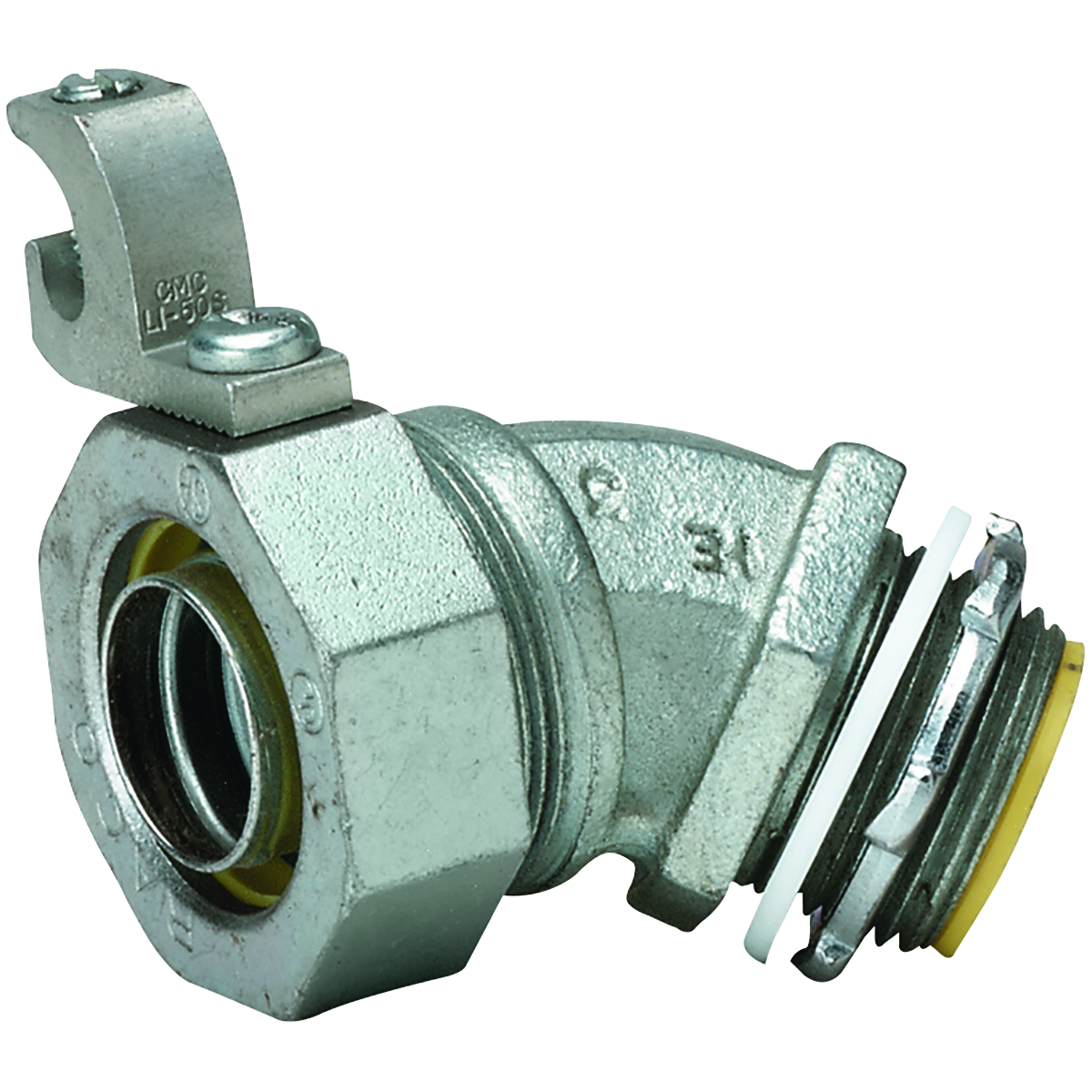 Killark K07541-G Grounded Insulated Liquidtight Connector With Lay-In Grounding Lug, 3/4 in Trade, 45 deg, Malleable Iron/Steel, Electro-Plated Zinc