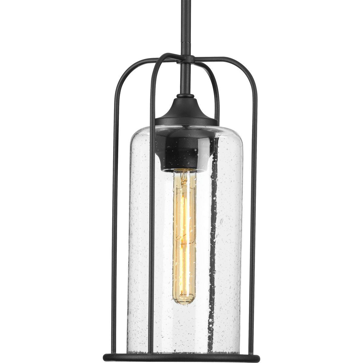 Gage 7-in Black Outdoor Farmhouse Wire Cage Pendant 1-Light Hanging Ceiling Light with Clear Glass Panels
