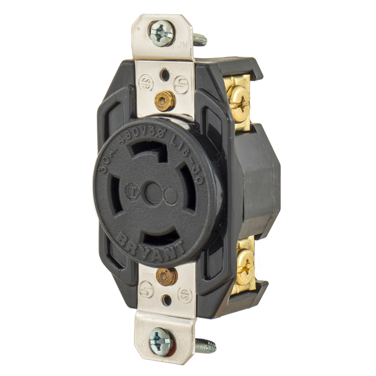 Product image for Bryant 71630FR Locking Device, Industrial, Flush Receptacle, 30A 3-Phase Delta 480V AC, 3-Pole 4-Wire Grounding, L16-30R, Screw Terminal, Black
