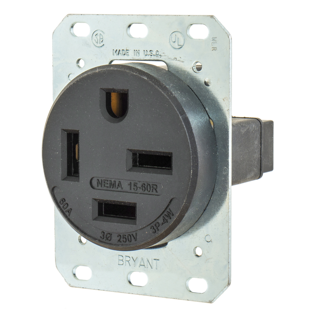 Product image for Bryant 8460FR Straight Blade Device, Receptacles, Flush Mount Single, Industrial Grade, 60A 3-Phase 250V AC, 3-Pole 4-Wire Grounding, 15-60R, Black, Single Pack