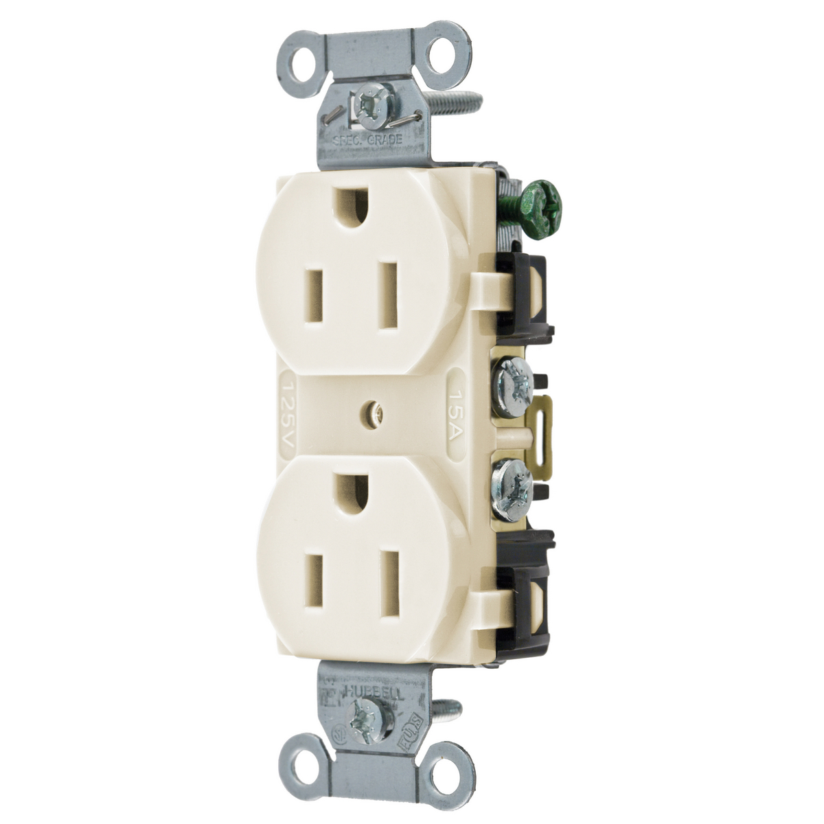 Product image for Hubbell BR15LA 15 Amp 125 Volt 2-Pole 3-Wire NEMA 5-15R Light Almond Straight Blade Duplex Receptacle