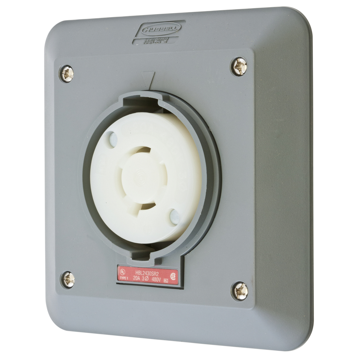 Product image for Hubbell HBL2430SR2 Locking S/SHRD Receptacle, L16-20R, 2G SURF MT, GY