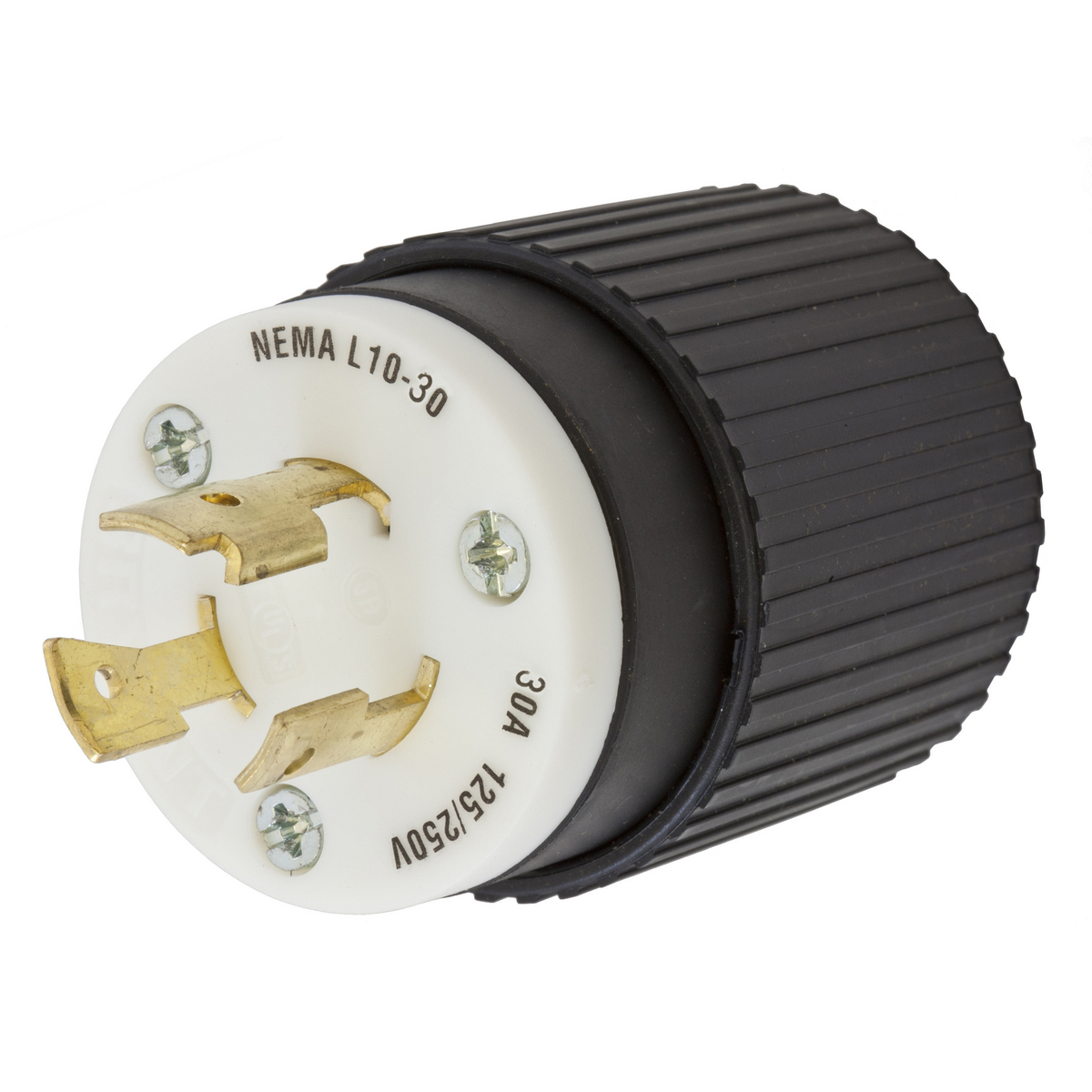 Locking Devices, Twist-Lock®, Insulgrip® Plug, 30A, 125/250V AC, 3 Pole, 3  Wire Non-Grounding, NEMA L10-30P, Black and white nylon, HBL2661