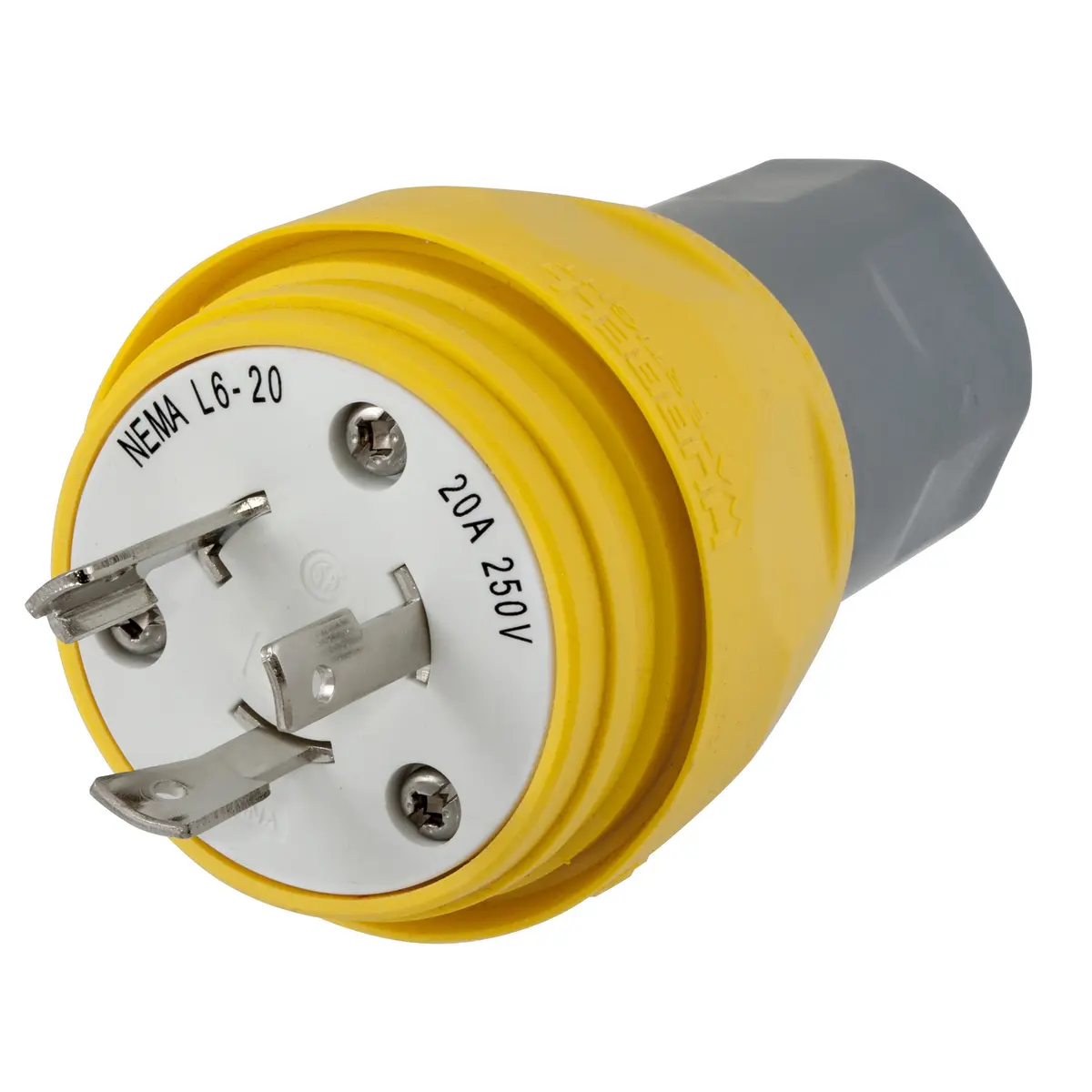 Watertight Devices, Twist-Lock® Plug, 20A, 250V AC, 2 Pole, 3 Wire,  Thermoplastic elastomer, NEMA L6-20P, Yellow | HBL26W48 | Hubbell Wiring  Device-Kellems