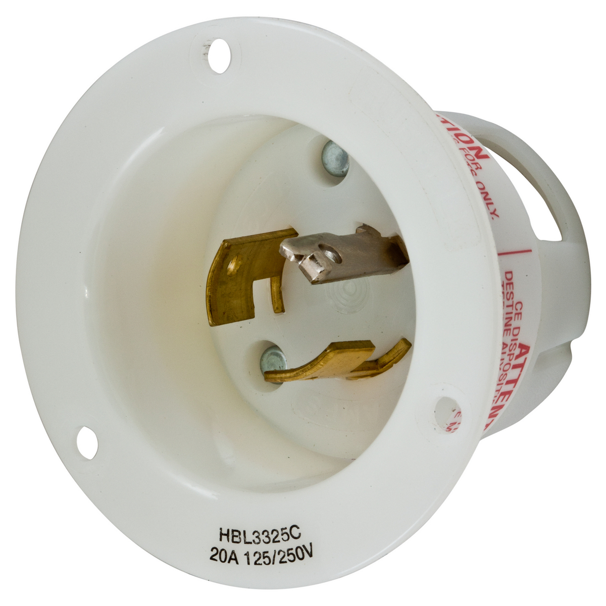 Product image for Hubbell HBL3325C 20 Amp 125/250 VAC 3-Pole 3-Wire Non-NEMA White Nylon Flanged Inlet