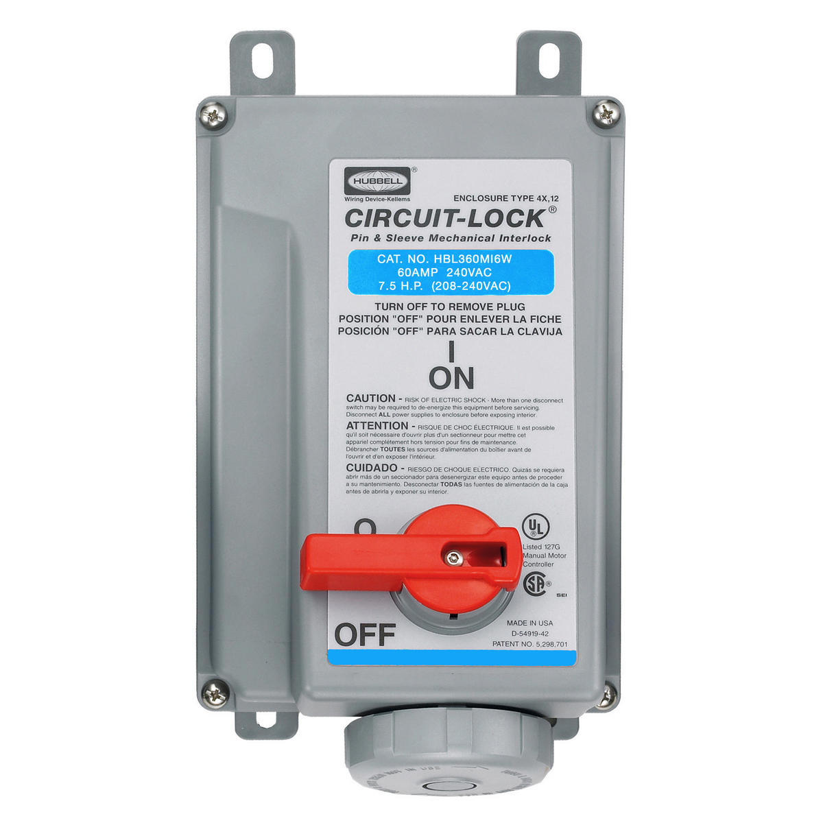 Product image for Hubbell HBL360MI6W Pin & Sleeve IEC Unfused Circuit-Lock® Mechanical Interlock, 60A 2P3W, 240V, IP67, NEMA 4X, 12