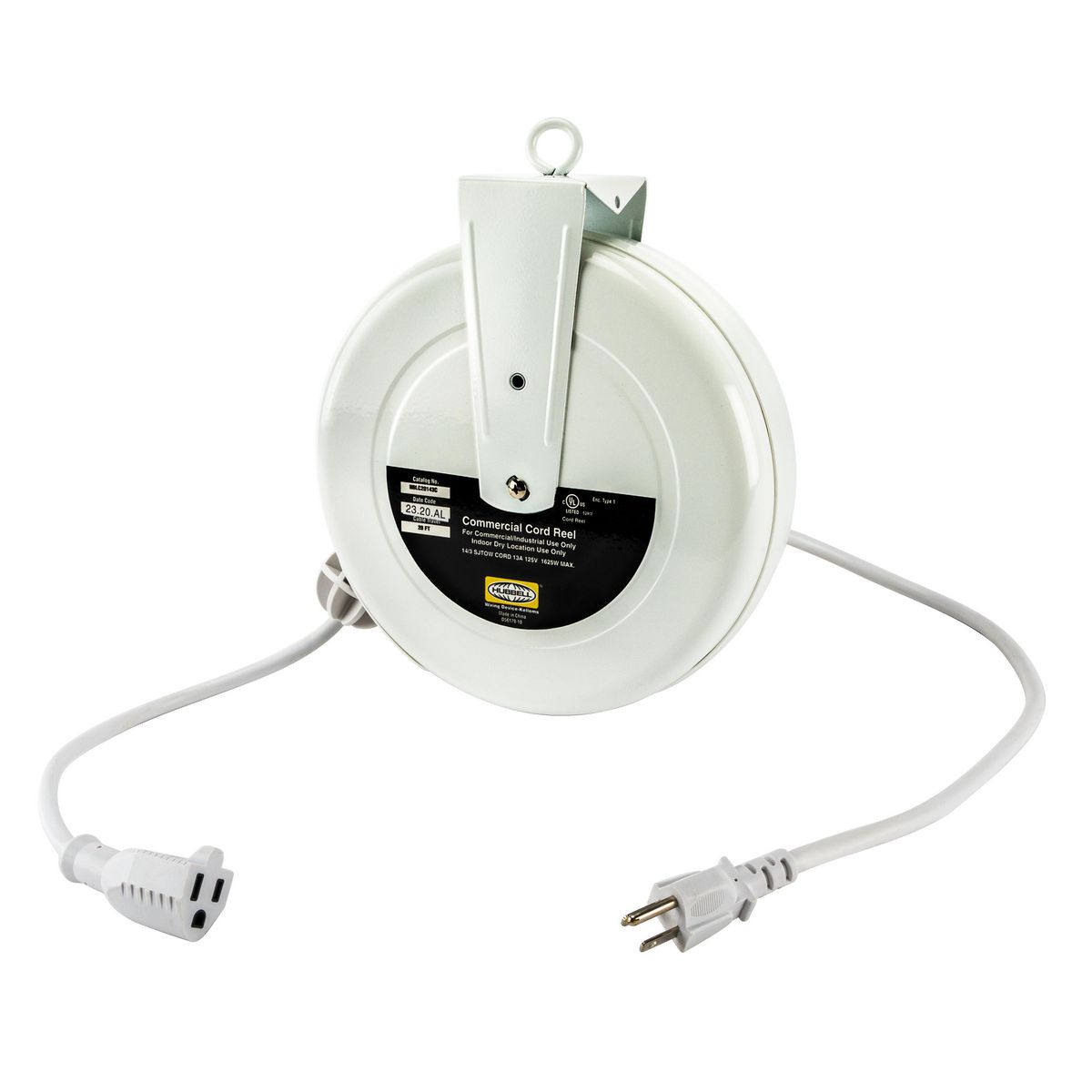 White commercial cord reel with single outlet HBLC20143C Hubbell