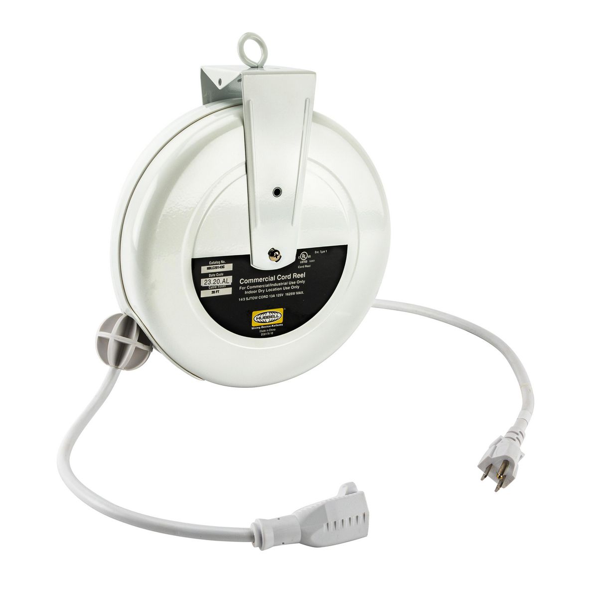 White commercial cord reel with single outlet, HBLC20143C