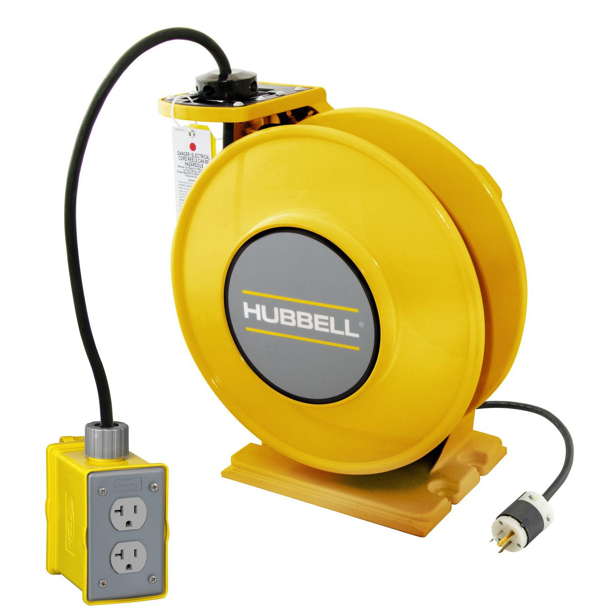 Yellow Industrial Reel with Yellow Portable Outlet Box, GFCI Module and (1)  20A Duplex Receptacle, UL Type 1, 45 Ft, #12/3 SJO, 20 A, 125 VAC, HBLI45123GF20Y