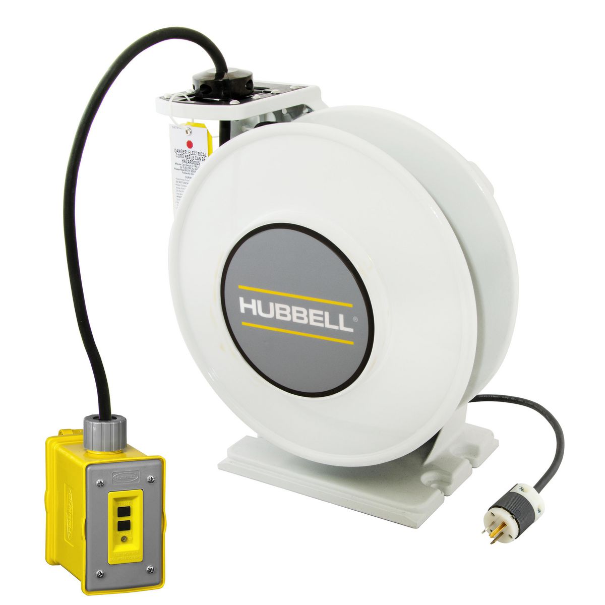 White Industrial Reel with Yellow Portable Outlet Box, GFCI Module