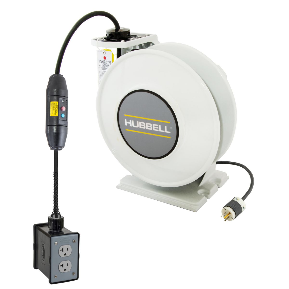 White Industrial Reel with Black Portable Outlet Box, GFCI Module