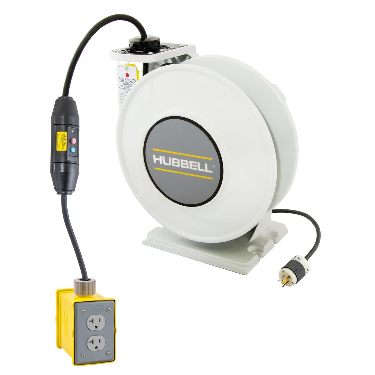 White Industrial Reel with Yellow Portable Outlet Box, GFCI Module and (2)  20A Duplex Receptacles, UL Type 1, 35 Ft, #12/3 SJO, 20 A, 125 VAC, HBLI35123GF220