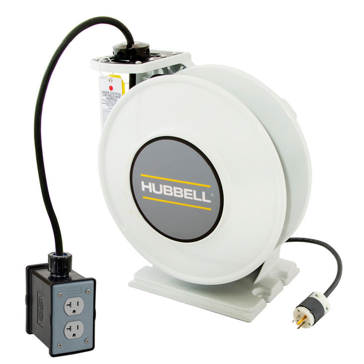White Industrial Reel with Black Portable Outlet Box and (1) 20A Duplex  Receptacle, UL Type 1, 45 Ft, #12/3 SJO, 20 A, 125 VAC, HBLI45123R20M1