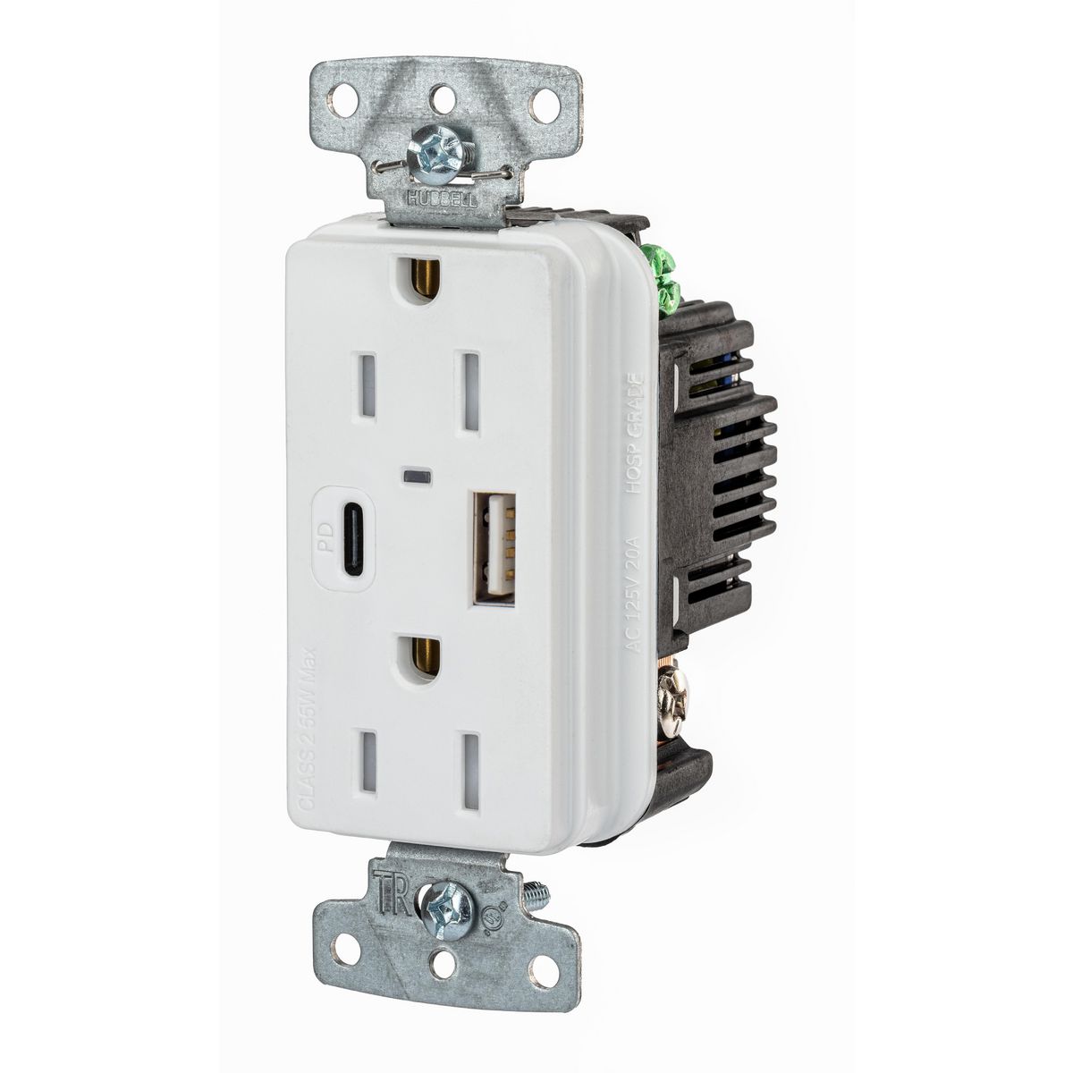 USB Charger Receptacle, 15A 125V Duplex, Power Delivery 55W Type AC Ports,  NEMA 5-15R, White, USB15ACPDW