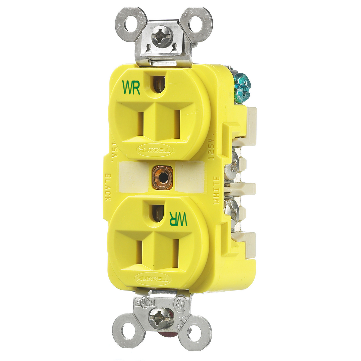 Product image for Hubbell HBL52CM62 Yellow 15A 125V Duplex Receptacle - Corrosion Resistant. Extra Heavy Duty Industrial Series