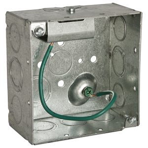 4 in. Square Box, Welded with STAB-IT® Connector, 2-1/8 in. Deep, 600V, Raised Ground, 8 in. #12 Solid Copper Pigtail