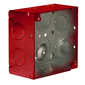 4 in. Life Safety Square Box, Welded,  2-1/8 in. Deep, One 1/2 in. and Eleven 3/4 in. KO's, Red