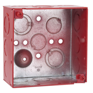 4 in. Life Safety Square Box, Welded, 2-1/8 in. Deep, Eleven 1/2 in. KO's and Six TKO's, Red