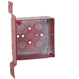4 in. Life Safety Square Box, Welded, 2-1/8 in. Deep, Nine 1/2 in. KO's and Five TKO's, FM Bracket, Red