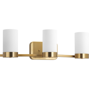 Elevate Collection Three-Light Brushed Bronze Etched White Glass Mid-Century Modern Bath Vanity Light
