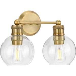 Hansford Collection Two-Light Vintage Brass Clear Glass Farmhouse Bath Vanity Light