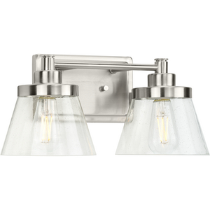 Hinton Collection Two-Light Brushed Nickel Clear Seeded Glass Farmhouse Bath Vanity Light