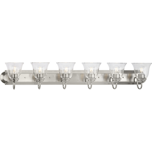 Six-Light Brushed Nickel Transitional Bath and Vanity Light with Clear Glass for Bathroom
