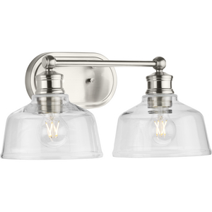 Singleton Collection Two-Light 17" Brushed Nickel Farmhouse Vanity Light with Clear Glass Shades