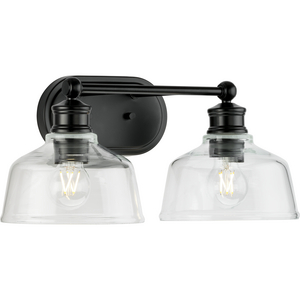Singleton Collection Two-Light 17" Matte Black Farmhouse Vanity Light with Clear Glass Shades