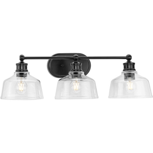 Singleton Collection Three-Light 26.5" Matte Black Farmhouse Vanity Light with Clear Glass Shades