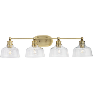 Singleton Collection Four-Light 36" Vintage Brass Farmhouse Vanity Light with Clear Glass Shades