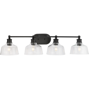 Singleton Collection Four-Light 36" Matte Black Farmhouse Vanity Light with Clear Glass Shades