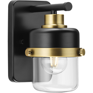 Beckner Collection One-Light Matte Black Clear Glass Urban Industrial Bath Light with Vintage Brass Accents