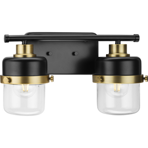Beckner Collection Two-Light Matte Black Clear Glass Urban Industrial Bath Light with Vintage Brass Accents