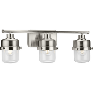 Beckner Collection Three-Light Brushed Nickel Clear Glass Urban Industrial Bath Light