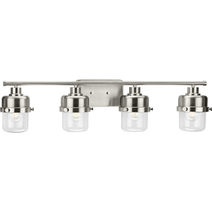 Beckner Collection Four-Light Brushed Nickel Clear Glass Urban Industrial Bath Light