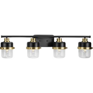 Beckner Collection Four-Light Matte Black Clear Glass Urban Industrial Bath Light with Vintage Brass Accents