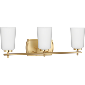 Adley Collection Three-Light Satin Brass Etched Opal Glass New Traditional Bath Vanity Light