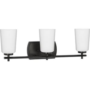 Adley Collection Three-Light Matte Black Etched Opal Glass New Traditional Bath Vanity Light