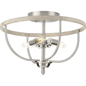 Vinings Collection Three-Light Brushed Nickel and Grey Washed Oak Flush Mount Ceiling Light