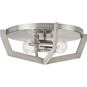 Galloway Collection Two-Light 15" Brushed Nickel Modern Farmhouse Flush Mount Light with Grey Washed Oak Accents