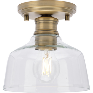Singleton Collection One-Light 7.62" Vintage Brass Farmhouse Small Semi-Flush Mount Light with Clear Glass Shade