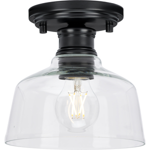 Singleton Collection One-Light 7.62" Matte Black Farmhouse Small Semi-Flush Mount Light with Clear Glass Shade