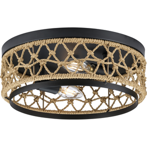 Chandra Collection 12 in. Two-Light Matte Black Global Flush Mount with Woven Shade
