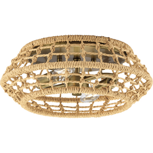 Laila Collection 12-1/4 in. Two-Light Vintage Brass Coastal Flush Mount with Woven Jute Accents