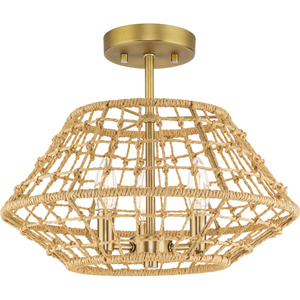 Laila Collection 16 in. Three-Light Vintage Brass Coastal Semi-Flush Convertible with Woven Jute Accents